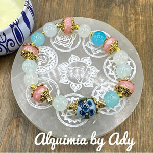Aquamarine untreated topaz white jade chunky beaded bracelet